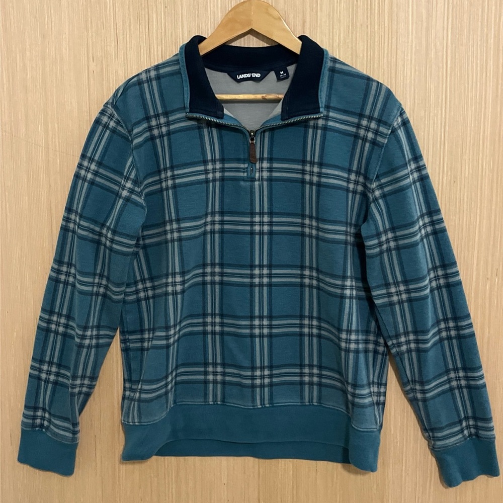 Lands' End Sweater Pullover Men Medium Blue Plaid Zipper Knit High Neck Cotton